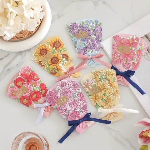 3D Bouquet Flower Greeting Card Gold Stamping Thank You Message Card With Ribbon Bow For Valentine Christmas Mother's Day Cardboard Floral Card