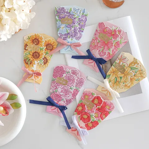 3D Bouquet Flower Greeting Card Gold Stamping Thank You Message Card With Ribbon Bow For Valentine Christmas Mother's Day Cardboard Floral Card