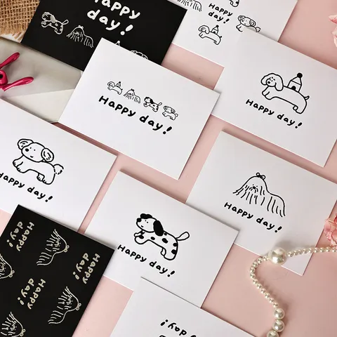 Tarjetas de Felicitación de Perro Minimalistas Retro Con Sobres de Lámina de Oro Negro Tarjetas de Mensaje Happy Day Para Graduación Boda Regalo Negocios