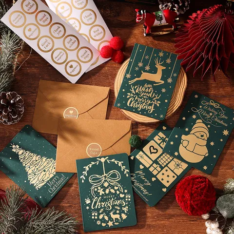 Juego de Tarjetas de Felicitación Navideñas Vintage Con Sobre de Kraft Estampado en Oro Rojo Verde Reno Muñeco de Nieve