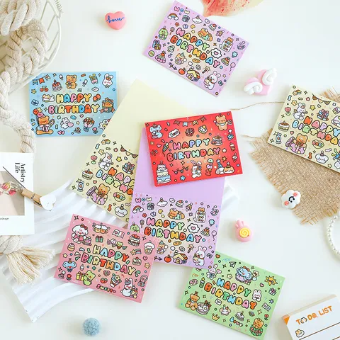 Cartoon 3D Birthday Greeting Cards Cute Bear Rabbit Cake Design Small Message Card For Party Flower Shop Gift Card