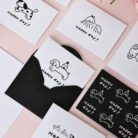 Tarjetas de Felicitación de Perro Minimalistas Retro Con Sobres de Lámina de Oro Negro Tarjetas de Mensaje Happy Day Para Graduación Boda Regalo Negocios