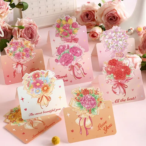 Romantic Flower Bouquet Folding Greeting Cards Illustration Style Mini Gift Cards For Valentine Mother Day Birthday Gift