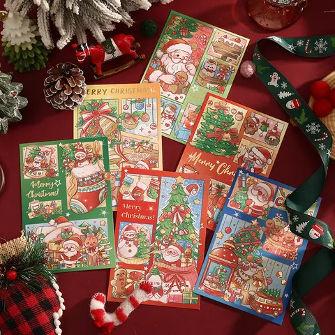 Vintage Bronzing Christmas Greeting Cards Set Cartoon Santa Reindeer Xmas Tree Pattern Message Note Gift Cards Holiday Decor