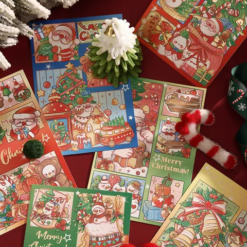 Vintage Bronzing Christmas Greeting Cards Set Cartoon Santa Reindeer Xmas Tree Pattern Message Note Gift Cards Holiday Decor