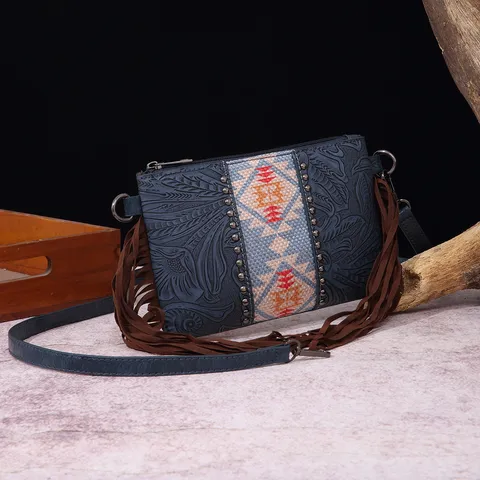 Bolso Bandolera Bohemio Retro Occidental con Borlas para Mujer Lino de Algodón Relieve Mosaico Remache Cartera Etnica
