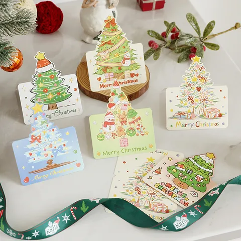Cartoon Christmas Tree Greeting Cards Gold Stamping Die-Cut Holiday Message Blessing Small Gift Cards For Party Decoration