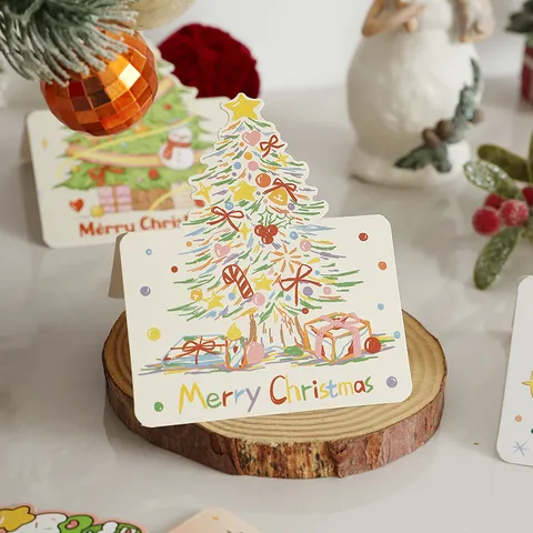 Cartoon Christmas Tree Greeting Cards Gold Stamping Die-Cut Holiday Message Blessing Small Gift Cards For Party Decoration