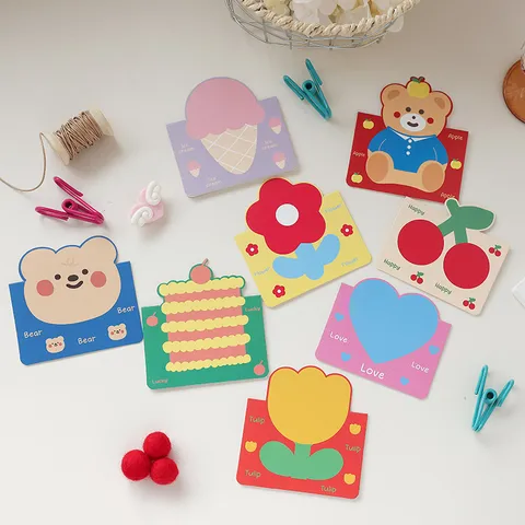 Tarjetas de Felicitación 3D para Niños Mini Tarjetas de Mensajes Escritas a Mano Formas de Oso Flor Helado Papelería de Cartulina para Cumpleaños Fiesta Agradecimiento