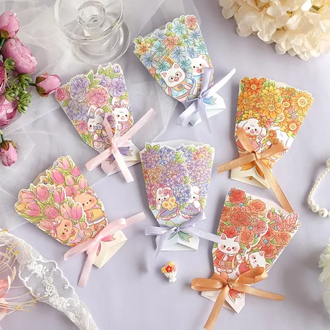 Tarjeta de Felicitación Ramo 3D Estampado Oro Flor Animal Decoración Lazo Tarjeta de Mensaje para Boda Cumpleaños San Valentín Navidad