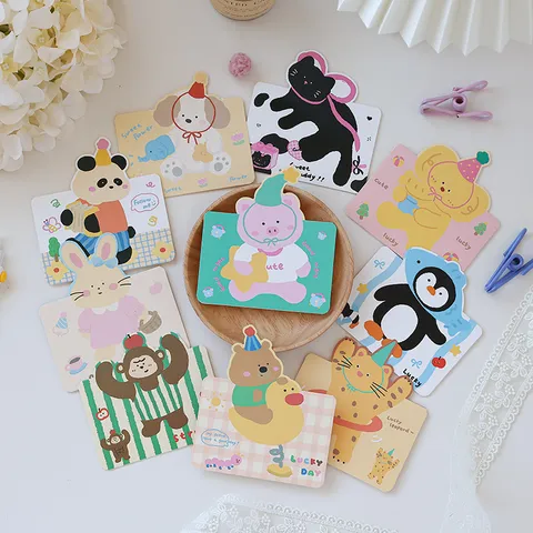 Tarjetas de Felicitación de Animales de Dibujos Animados Retro Lindas Tarjetas de Mensaje Plegadas de Cartulina para Niños Estudiantes