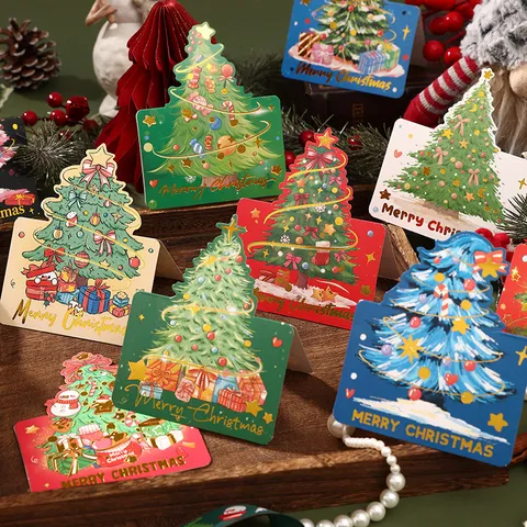 Christmas Tree Gold Stamping Greeting Cards Mini Folding Message Card Holiday Decoration Cardstock Greeting Cards For Xmas Party Gift