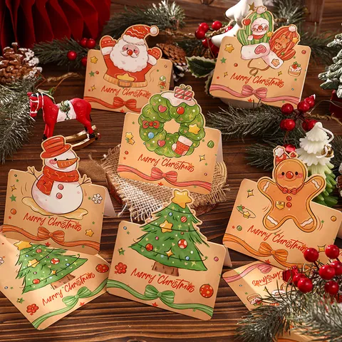 Vintage Cartoon Merry Christmas Greeting Cards 3D Mini Cardboard Gift Tags For Holiday Blessing Party Decoration Small Cards
