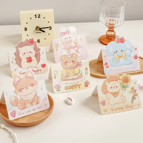 Mini Folding Cartoon Animal Greeting Cards Cardstock Die-cut Message Card Hedgehog Lion Bear For Kids Birthday Gift Party