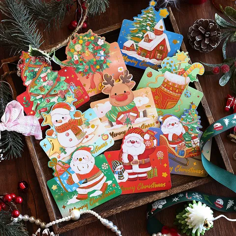 Merry Christmas Tarjetas de Felicitación Estampado en Oro Papá Noel Reno Muñeco de Nieve Tarjetas de Regalo para Bendición Fiesta