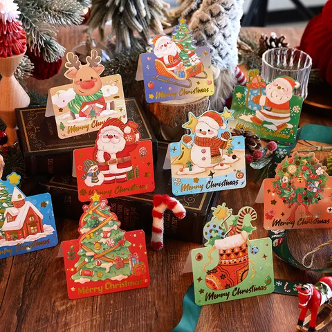 Merry Christmas Tarjetas de Felicitación Estampado en Oro Papá Noel Reno Muñeco de Nieve Tarjetas de Regalo para Bendición Fiesta