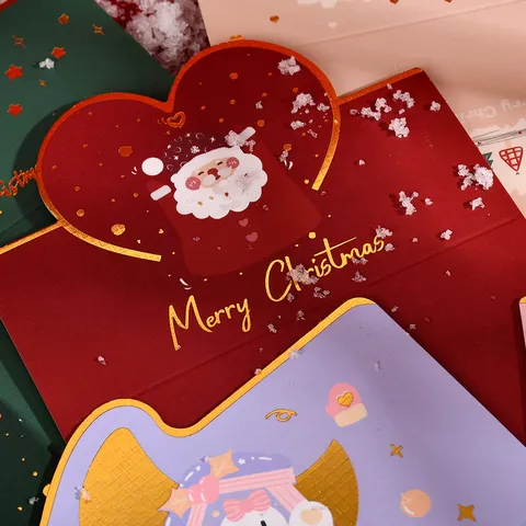 Merry Christmas Bronzing Die-cut Greeting Cards Cute Santa Snowman Tree Cardboard Festive Gift Mini Message Cards