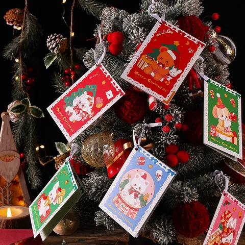 Tarjetas de Felicitación de Navidad Dibujos Animados Retro Cartulina Postales de Bendición Etiquetas Regalo Niños Fiesta