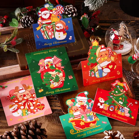 Vintage Christmas Greeting Cards Cardstock Gift Message Tags Santa Snowman Deer Patterns Festive Holiday Party Supplies