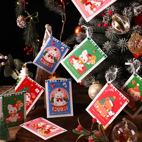 Tarjetas de Felicitación de Navidad Dibujos Animados Retro Cartulina Postales de Bendición Etiquetas Regalo Niños Fiesta