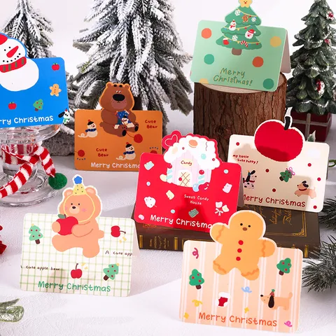 Vintage Cartoon Christmas Greeting Cards Retro Cardstock Holiday Message Cards For Gift Party Flower Shop Festive Stationery