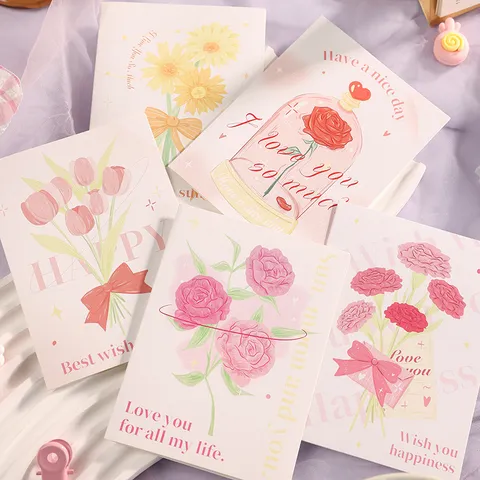 Tarjeta de Felicitación Floral Plegada Estilo Ins para San Valentín Día de la Madre Mujer Rosa Tulipa Pintada a Mano