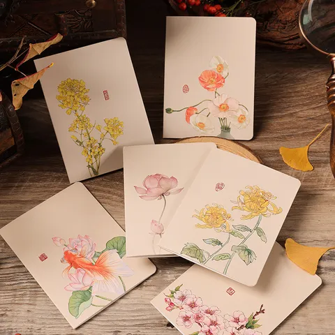 Carte de Voeux Peinture à l'Encre Chinoise Vintage Motif Floral Lotus Koi Carte Manuscrite de Bénédiction d'Anniversaire