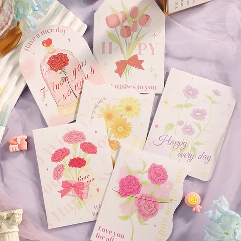 Tarjeta de Felicitación Floral Plegada Estilo Ins para San Valentín Día de la Madre Mujer Rosa Tulipa Pintada a Mano