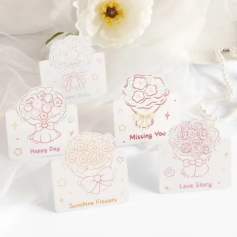 Valentine's Day Bouquet Greeting Cards Crayon Floral Illustration Mini Folding Cards For Flower Shop Baking Gift Decoration