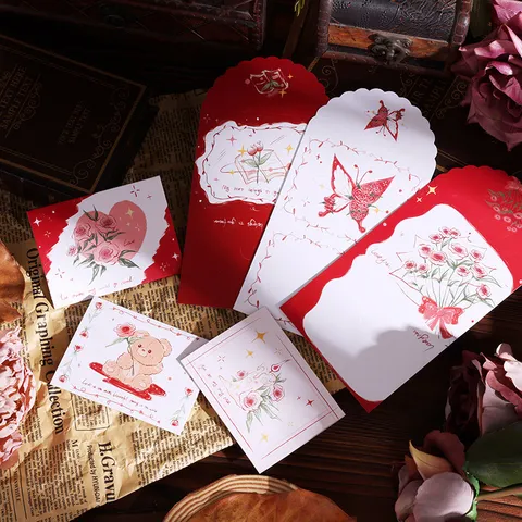 Vintage Tri-fold Bouquet Greeting Card With Envelopes For Valentine's Day Birthday Blessing Cardstock Message Postcard Hand-drawn Illustration