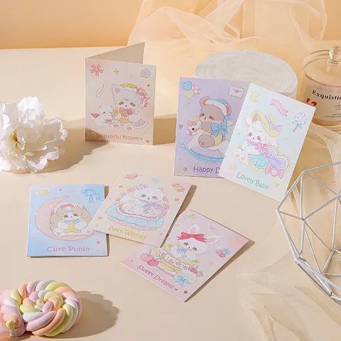 Ins Style Large Cartoon Animal Greeting Card For Kids Birthday Party Cute Hand Drawn Cat Dog Rabbit Bear Folded Blessing Cardboard Message Invitation Card