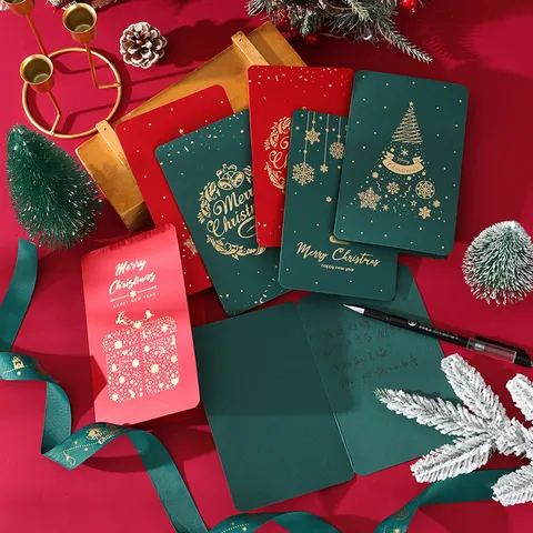 Tarjeta de Felicitación de Navidad Vintage Estampado de Lámina Retro Oro Feliz Navidad Tarjetas de Mensaje Con Sobre para Regalo
