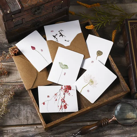 Grußkarten im chinesischen Stil mit Tuschemalerei Elegante Karten aus Cardstock mit Kraftumschlägen Vintage-Segenskarten für Geburtstag und Lehrertag