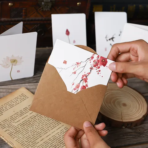 Grußkarten im chinesischen Stil mit Tuschemalerei Elegante Karten aus Cardstock mit Kraftumschlägen Vintage-Segenskarten für Geburtstag und Lehrertag
