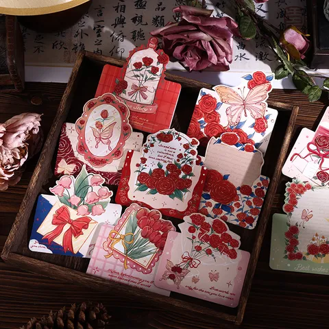 Tarjetas de Felicitación Ramo de Rosas Vintage Románticas Flores Mariposa Tarjeta de Mensaje para San Valentín Regalo Decoración