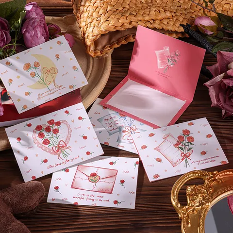 Vintage Rose Valentine's Day Greeting Cards Large Folded Floral Bouquet Stationery For Flower Shop Bakery Gifts Decor