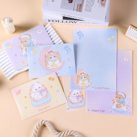 Sobre y Papel de Carta de Animales de Dibujos Animados Lindos Colores Macarrón Papelería Minimalista para Escritura Regalo Notas