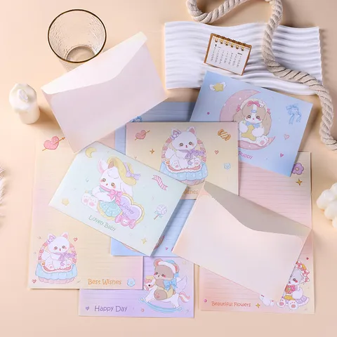 Sobre y Papel de Carta de Animales de Dibujos Animados Lindos Colores Macarrón Papelería Minimalista para Escritura Regalo Notas