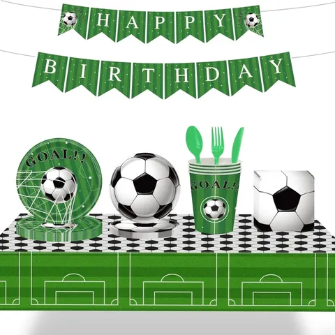 Ensemble de Vaisselle de Fête d'Anniversaire sur le Thème du Football Assiettes Jetables Motifs Football Gobelets Serviettes pour Décorations d'Événements Sportifs