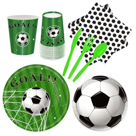 Ensemble de Vaisselle de Fête d'Anniversaire sur le Thème du Football Assiettes Jetables Motifs Football Gobelets Serviettes pour Décorations d'Événements Sportifs