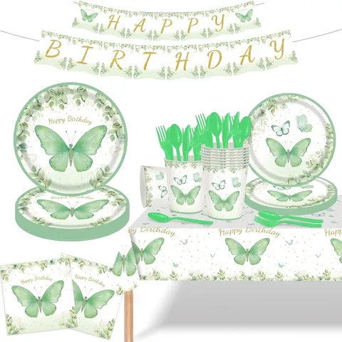 Vaisselle Jetable Papillon Vert Printemps Set Happy Birthday Assiettes en Papier Serviettes Gobelets Nappe Bannière Fête