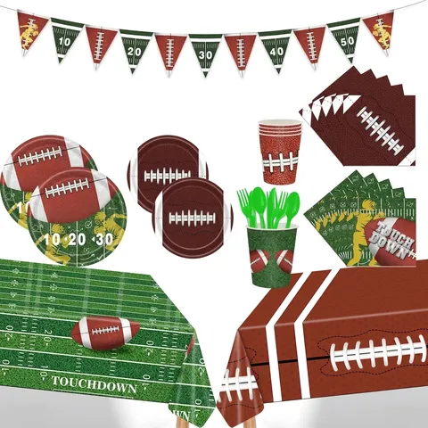Fournitures de Fête Thème Football Américain Ensemble de Vaisselle Jetable Assiettes Gobelets Serviettes Nappe Bannière