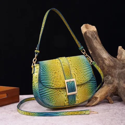 Bolso Bandolera Retro con Patrón de Cocodrilo Degenerado para Mujer Cuero PU Hebilla Cuadrada Dorada Bolso de Hombro Vintage