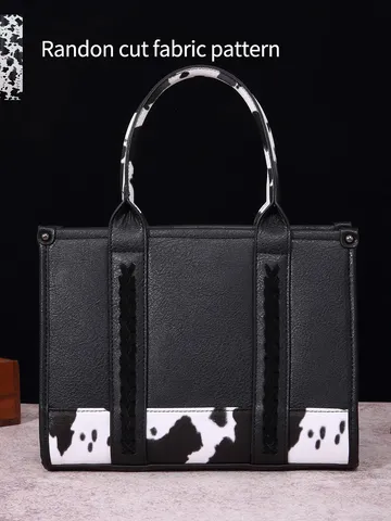 Bolso Tote de Cuero PU con Estampado de Vaca Retro Occidental Bohemio Mujer Bolso de Mano de Gran Capacidad Bolso de Hombro con Detalles Tejidos