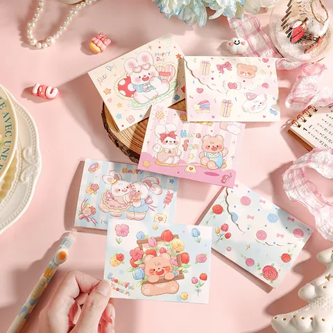 Simpatici Biglietti di Auguri a Tre Pieghe con Illustrazioni di Orsetti Coniglietti Cuccioli Cartoni Animati Biglietti Regalo per il Giorno dei Bambini Pasticceria Fiorista