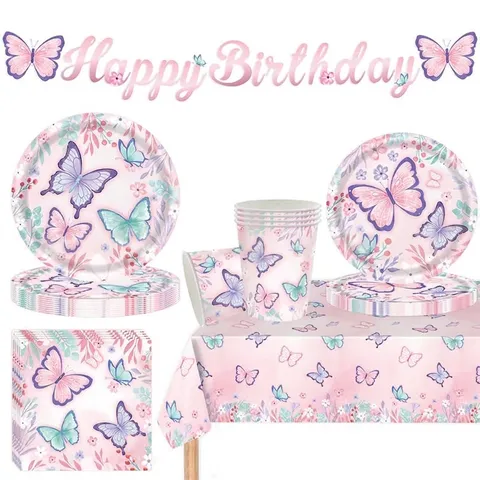 Ensemble d'Articles de Fête sur le Thème des Papillons Rose Violet Assiettes en Papier Jetables Tasses Serviettes Bannière Nappe pour Décorations de Fête d'Anniversaire de Fille