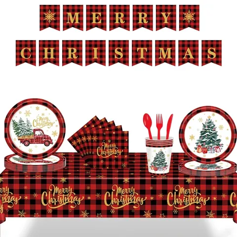 Ensemble de Vaisselle Jetable pour Fête de Noël Carreaux Buffalo Rouges Joyeux Noël Assiettes en Papier Serviettes Nappe Bannière Articles de Fête