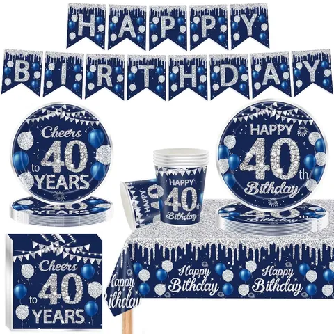 Ensemble de Vaisselle de Fête d'Anniversaire Bleu Marine Argent Paillettes Motif Ballon Assiettes en Papier Tasses Serviettes Nappe Bannière Décorations
