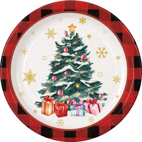 Ensemble de Vaisselle Jetable pour Fête de Noël Carreaux Buffalo Rouges Joyeux Noël Assiettes en Papier Serviettes Nappe Bannière Articles de Fête