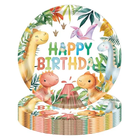 Service de Vaisselle Jetable Dinosaures Aquarelle Anniversaire Enfant Assiettes Gobelets Serviettes Nappe Décoration